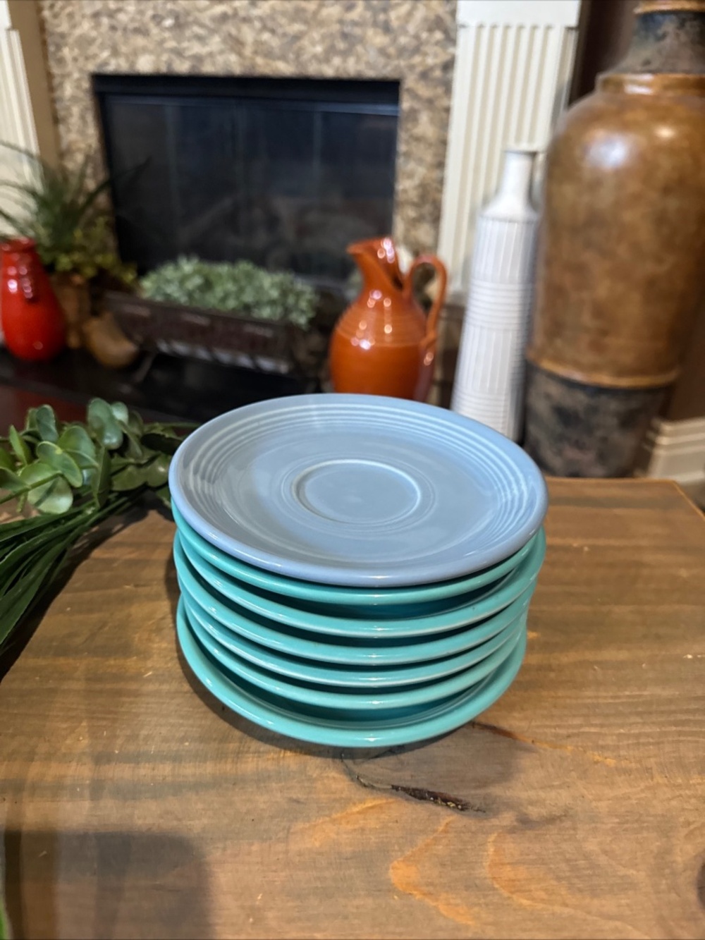 Set of 7 Fiesta Homer Laughlin Saucer’s. 6 Turquoise & 1 Periwinkle. 6” Wide